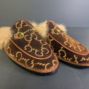 Gucci Brown Velvet Loafers with Gold Accents